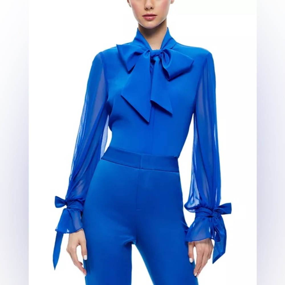 Alice and Olivia Lloyd Silk Sheer Bow Tie Blouse Sapphire Blue $350 ASO The View